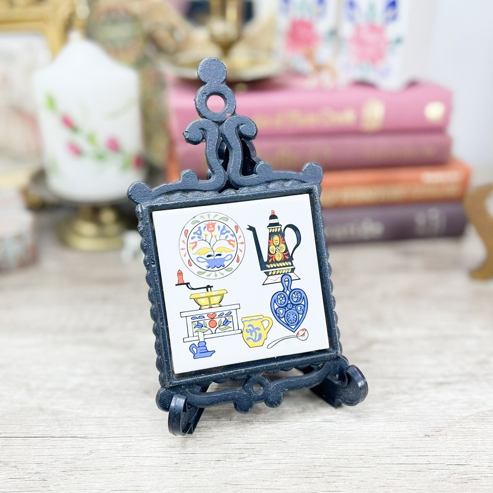 Vintage Cast Iron Ceramic Tile Trivet Japan Folk Art Scandinavian‎ Kitchen Decor